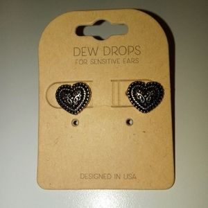 Dew Drops Silver Tone Heart Stud Earrings